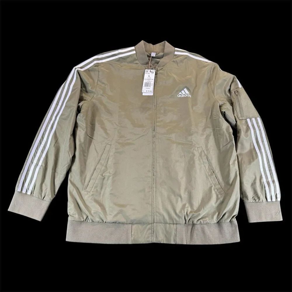 NWT Adidas SzโL 3 Sripes Bomber Jacket Side Printing Stand Collar Jacket Green